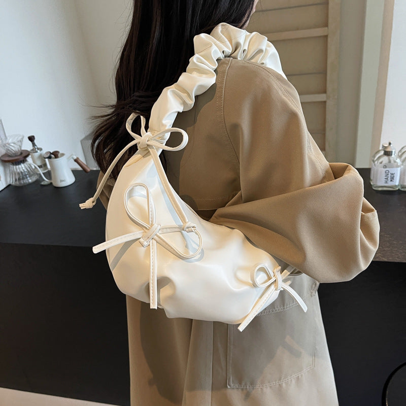2024 New Sweet Pleated Shoulder Bag with Bow Design Soft Cloud Shape Crossbody Bag for Women