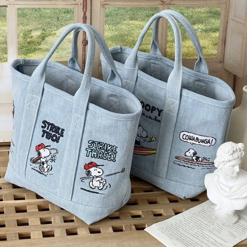 Snoopy Embroidered Denim Tote Bag with Magnetic Closure, Cartoon Design for Daily Use and Casual Outfits