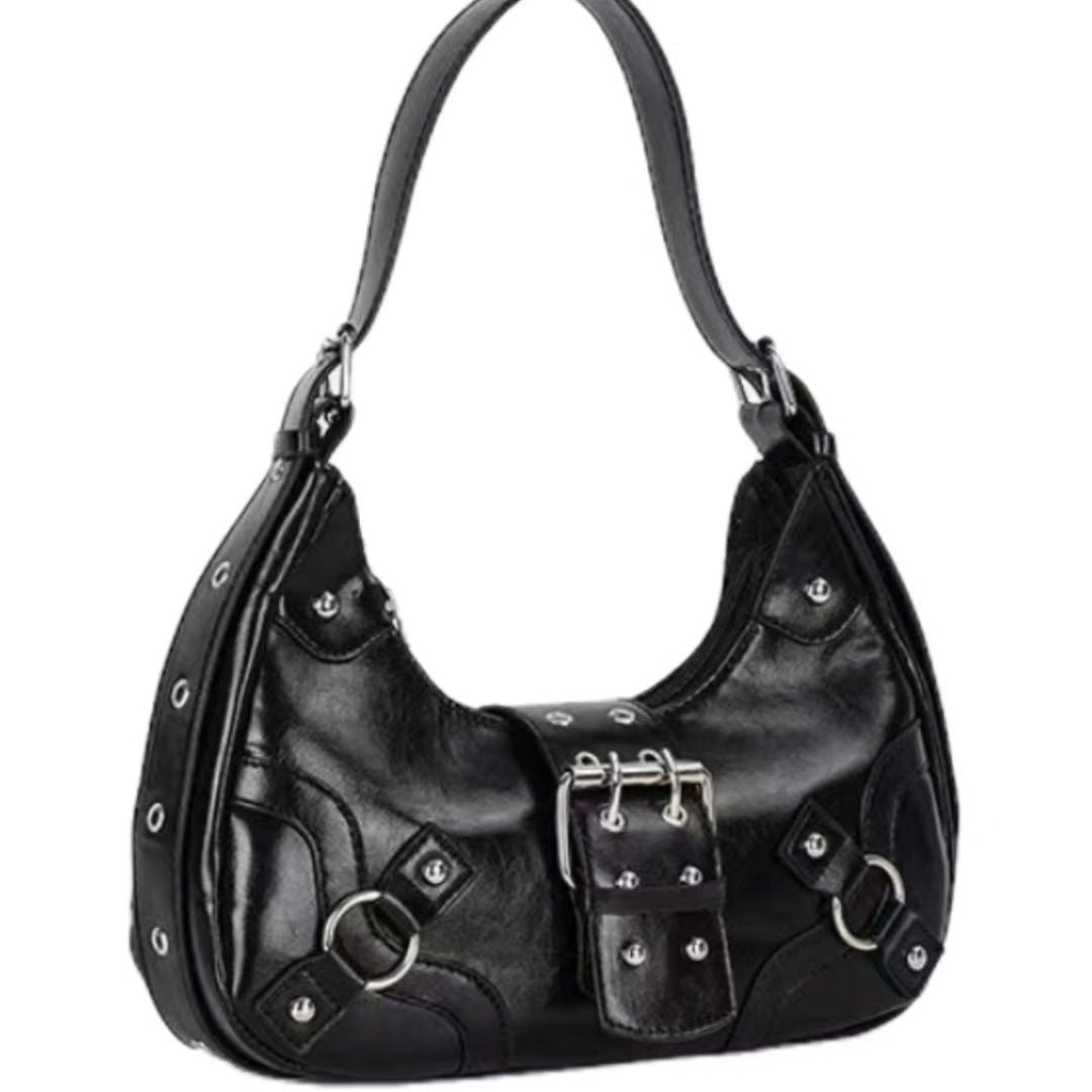 Urban Chic Crescent Shoulder Bag with Buckle and Stud Details for Daily Style