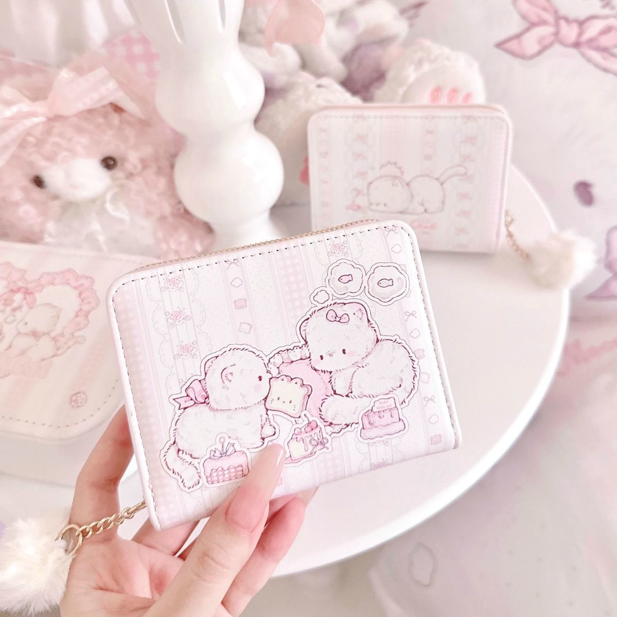 Cute Cartoon Bear Zipper Wallet for Women, Soft PU Leather Compact Card Holder with Adorable Print Design
