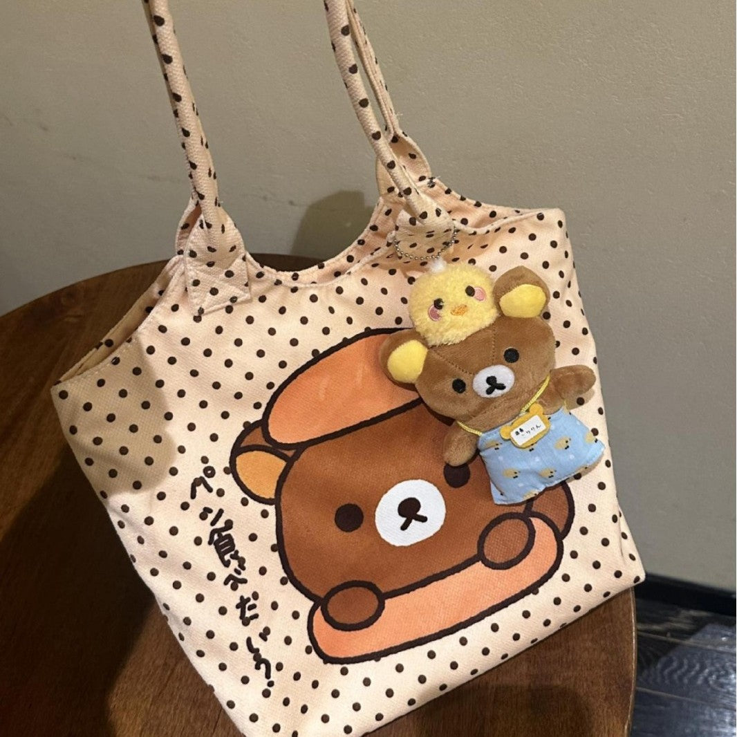 Cute Cartoon Bear Polka Dot Tote Bag for Women, Large Capacity Shoulder Bag with Zipper, Perfect for Daily Commute and School