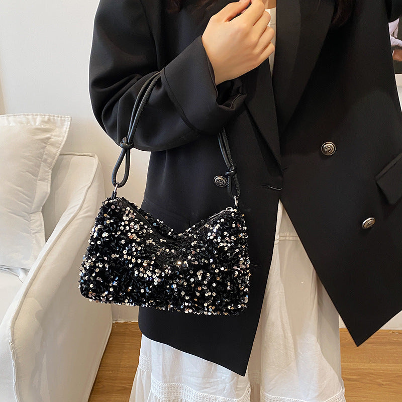 Fashionable Sequins Shoulder Bag Women's New Crescent-Shaped Design Daily Dinner Dual-Use Crossbody Bag