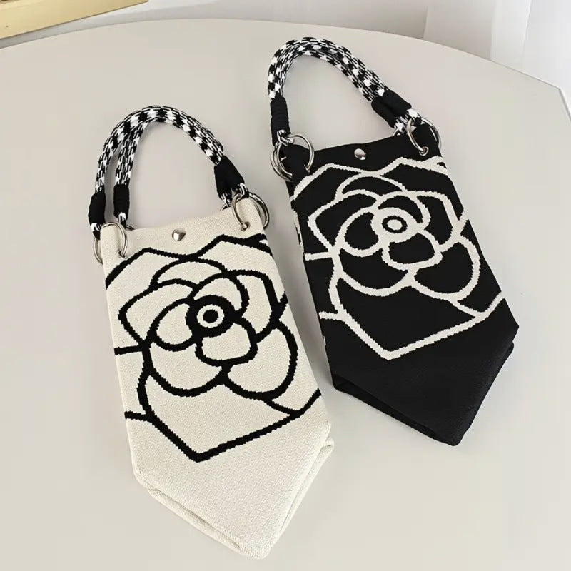 Retro Camellia Flower Large Capacity Knitted Bucket Bag Women's All-Match Casual Handbag