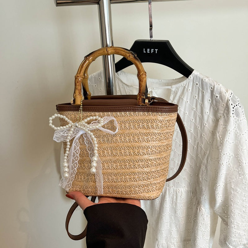 Summer New Fashion Bamboo Handle Woven Bucket Bag, Casual Minimalist Straw Handbag with Elegant Design