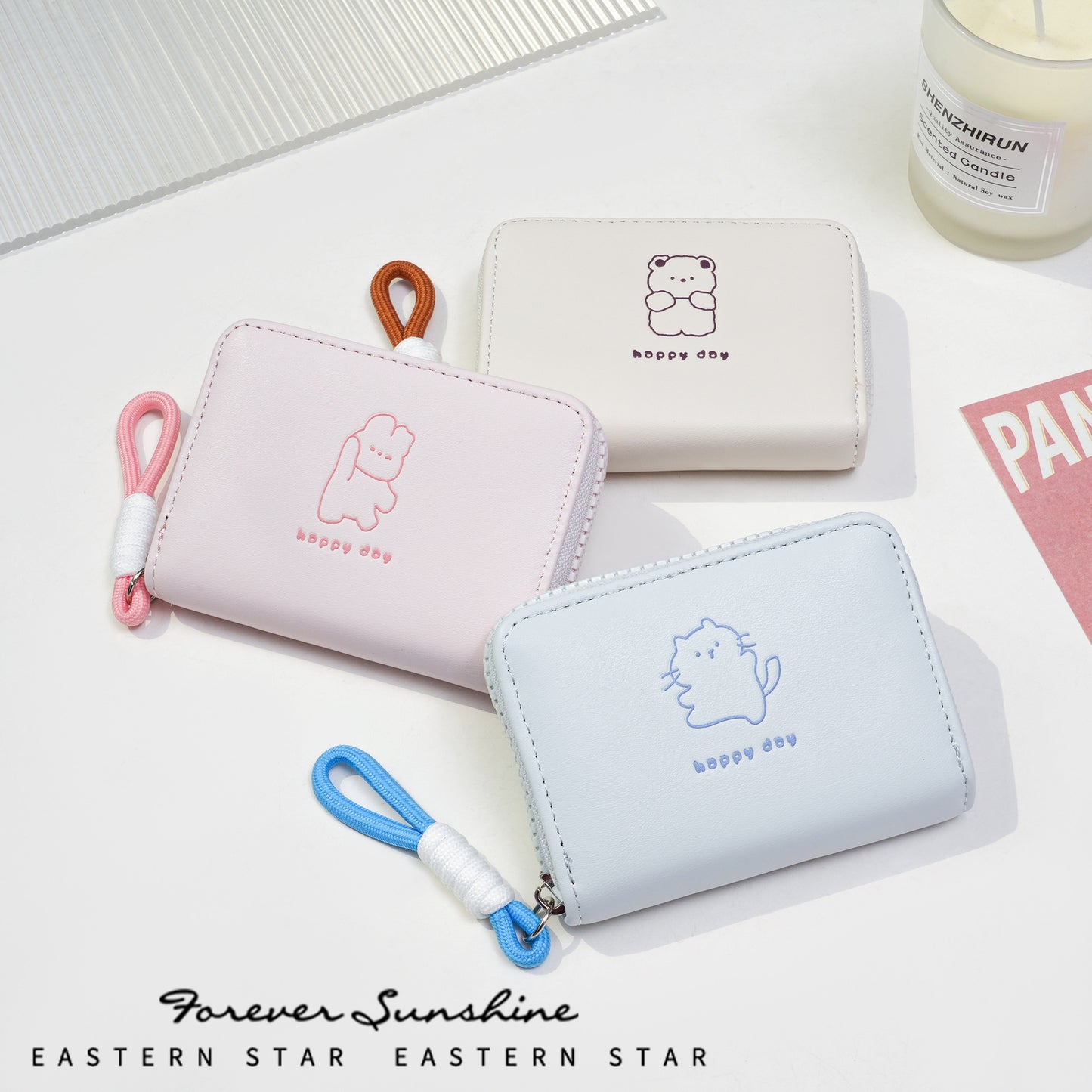 Women's Wallet Cute Cat Pattern Short Card Holder with Bends and Hitches Lanyard Women's Simple Daily Coin Purse
