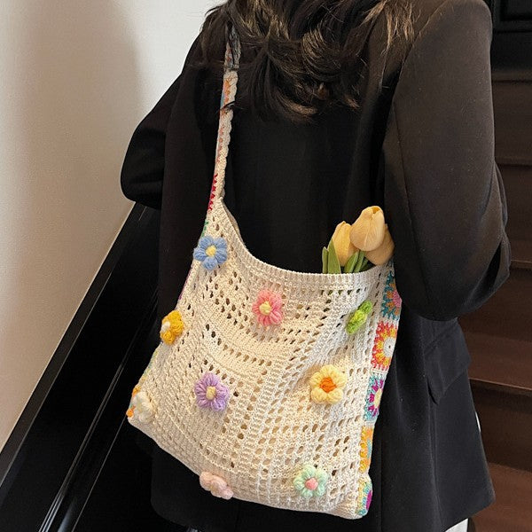 Large Capacity Commuter High-Grade Flower Tote Bag for Women New Spring and Summer Hollow out Knitted Bag Shoulder Woven Bag