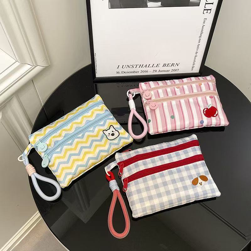 Cute Travel Wallet with Three Zipper Compartments for Passport and Cards, Embroidered Design, Portable Coin Purse