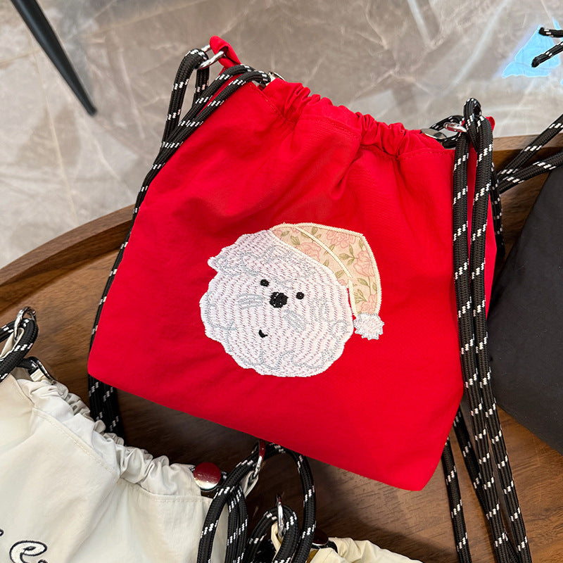 Cute Embroidered Drawstring Bag with Adorable Dog Design, Fashionable Nylon Crossbody Bag for Daily Use