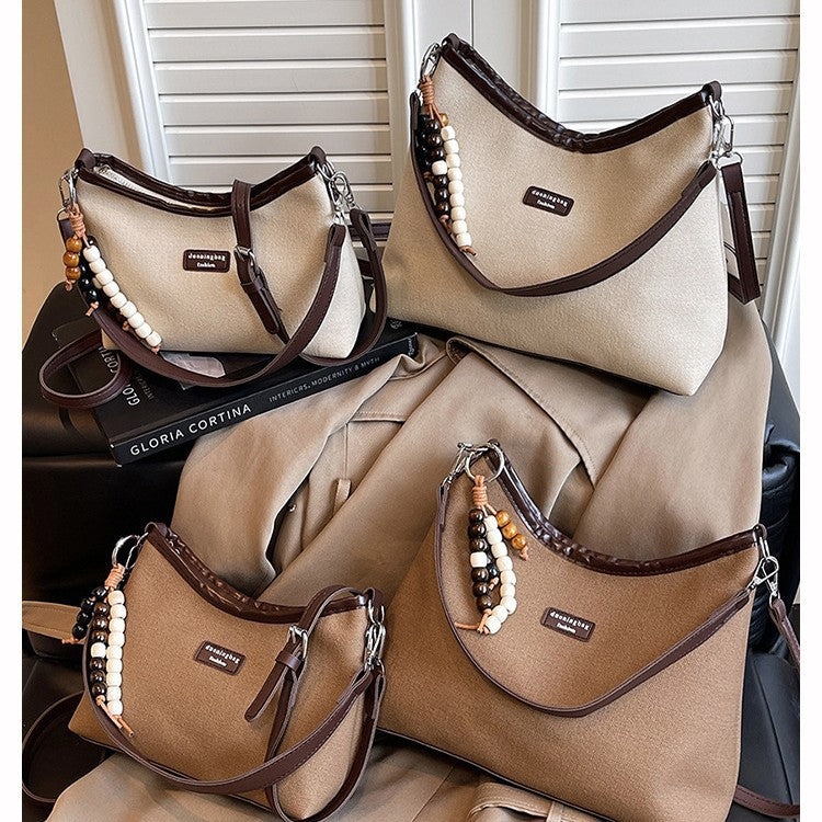 Chic Color-Blocking Canvas Shoulder Bag with Beaded Charm for Women, 2025 Summer Trendy Casual Tote