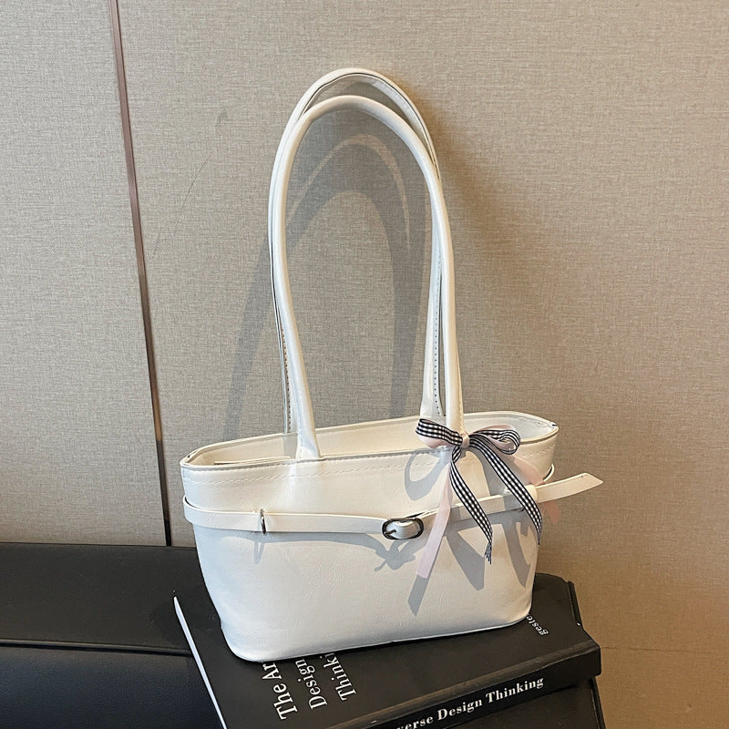 2025 Autumn New Korean Style Elegant Tote Bag with Checkered Bow, Simple Casual Shoulder Bag for Daily Commute