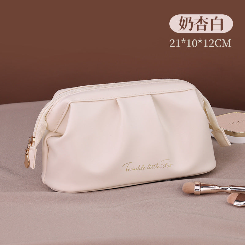 Elegant PU Waterproof Makeup Bag with Lettering Design, Large Capacity Travel Cosmetic Pouch for Women, Urban Minimalist Style