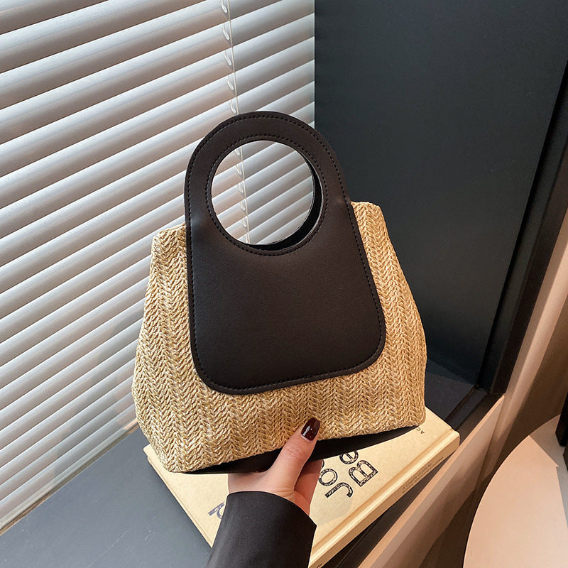 Summer Retro Color Contrast Patchwork Straw Bag Large Capacity Hand-Woven Bag Simple Fashion Shoulder Handbag