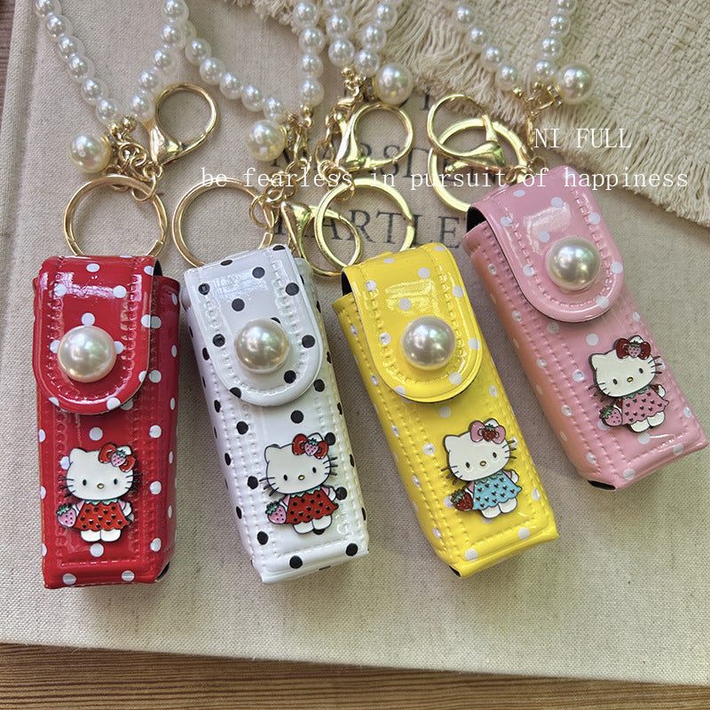 Korean Style New Retro Dots Cartoon Cat Lipstick Pack Pearl Exquisite High Sense Versatile Pendant Keychain for Women
