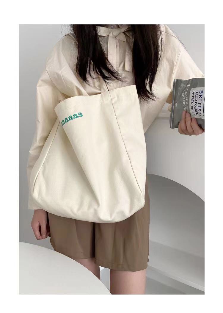 Cute Candy Color Canvas Tote Bag with Letter Print and Fluffy Charm for Daily Use and School