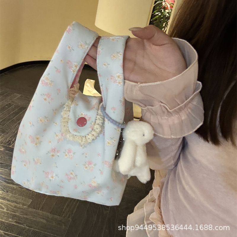 New Floral Canvas Bag for Female Students Simple Large Capacity Work All-Match Lightweight Lunch Box Bento Handbag