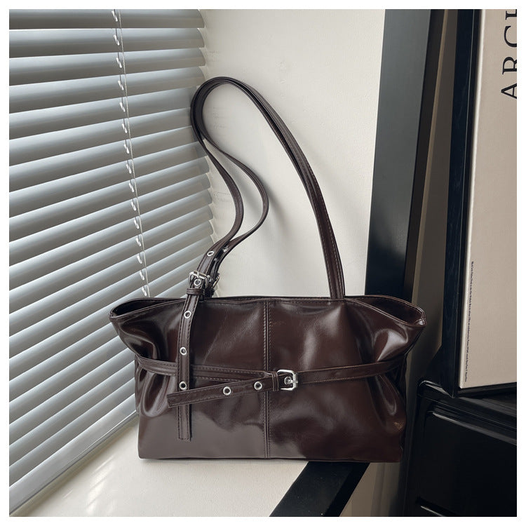 Simple Casual Large Capacity New Belt Buckle Commuting Fashion Texture One Shoulder Underarm Tote Bag Women