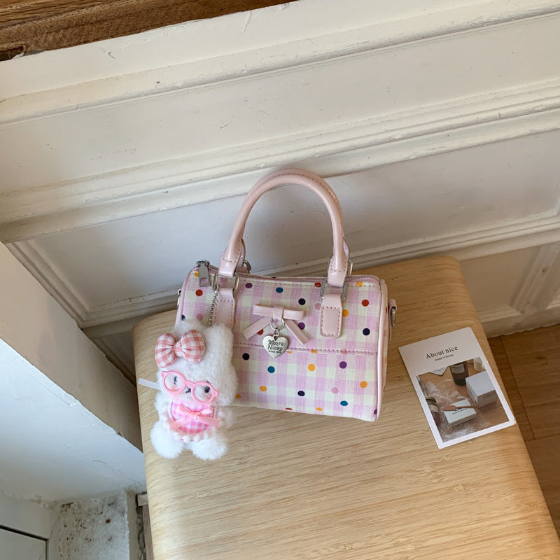 Cute Korean Summer Handbag with Polka Dot Bowknot Design, Soft Cylinder Shape Tote for Daily Use
