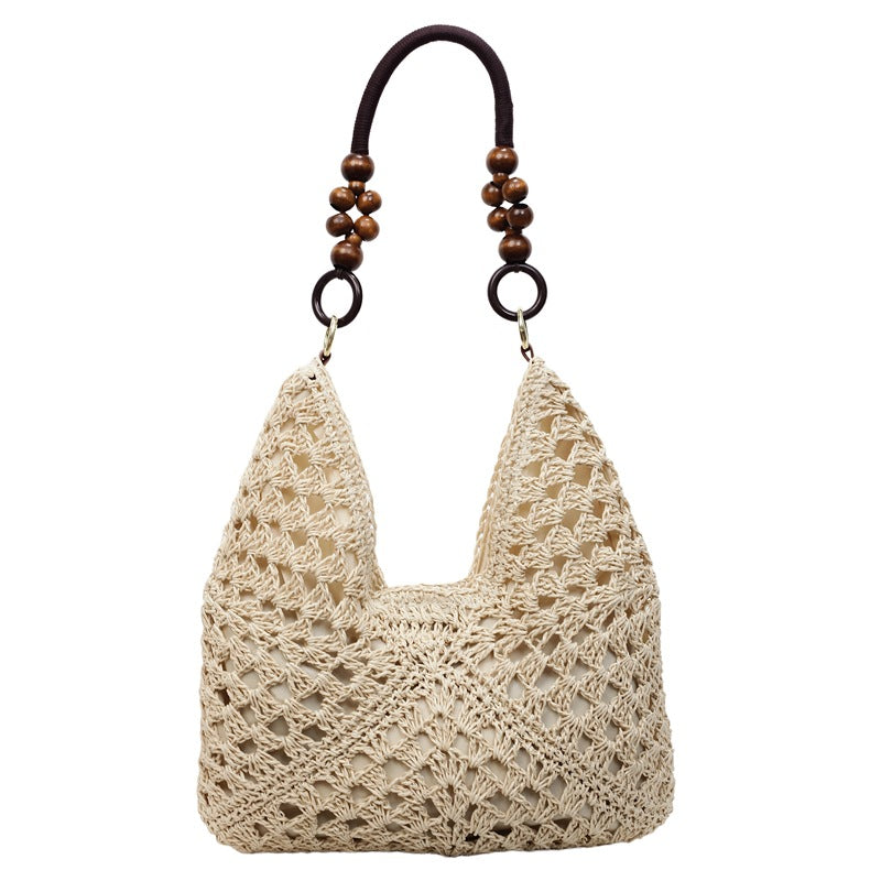 Boho Chic Handwoven Tote Bag with Wooden Bead Handle - Large Capacity Beach & Everyday Style