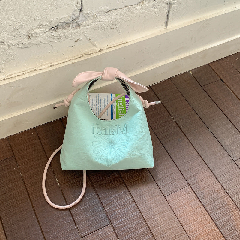 Korean Style Daisy Embroidered Mini Tote Bag with Bow Strap, Soft PU Material, Magnetic Closure, Casual Daily Shoulder Bag