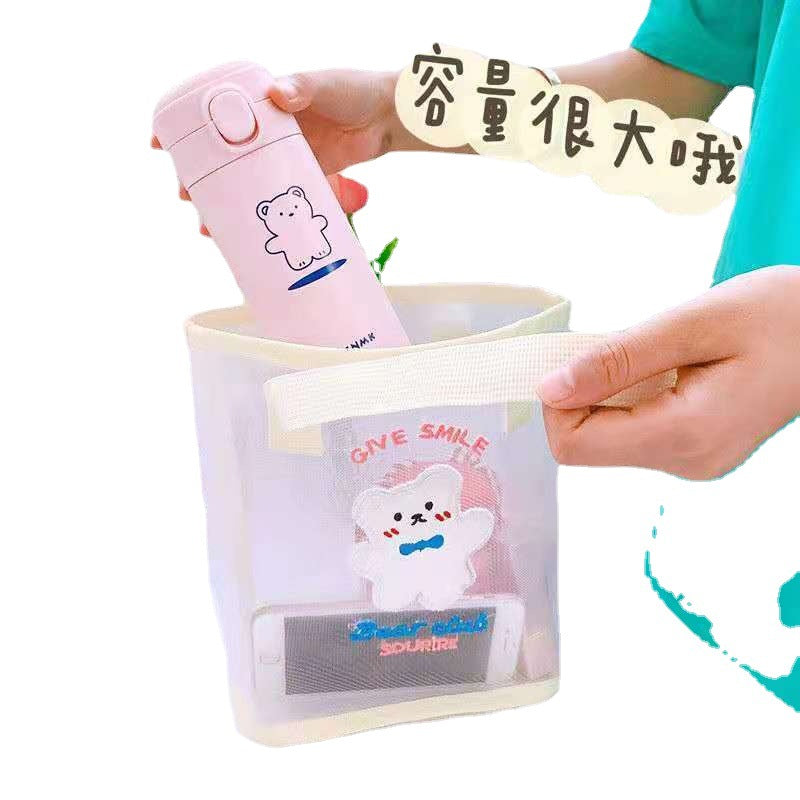 Cute Bear Embroidered Transparent Mesh Tote Bag for Daily Use and Beach Outings