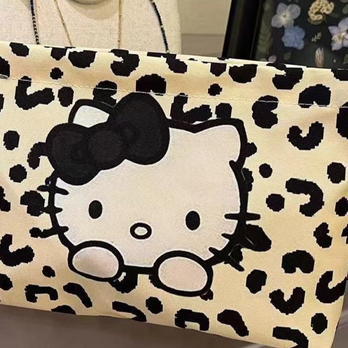 Cute Leopard Print Hello Kitty Women's Cosmetic Bag Zipper Closed Lightweight Portable Daily Storage