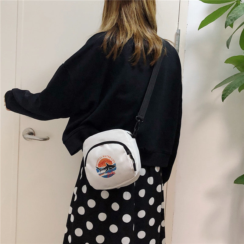 Korean Style Casual Crossbody Bag for Women with Shark Print, Soft Canvas Mini Square Bag with Zipper Closure, Perfect for Students and Daily Use