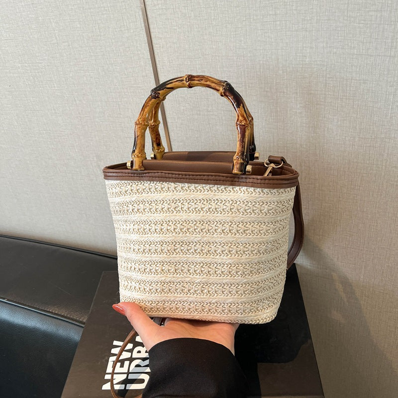 Summer New Fashion Bamboo Handle Woven Bucket Bag, Casual Minimalist Straw Handbag with Elegant Design