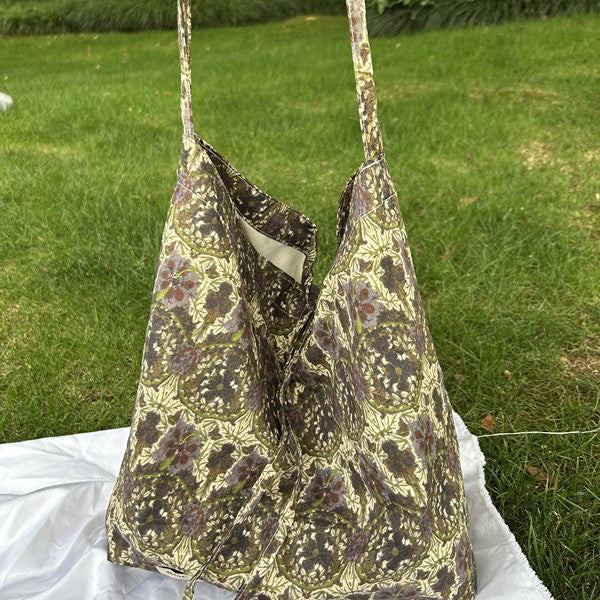 Vintage Oil Painting Floral Cotton Tote Bag, Casual Travel Style with Soft Handle and Inner Pocket