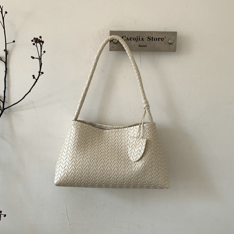 Elegant Woven Texture Handbag for Women, Soft PU Material, Urban Minimalist Style with Zipper Closure