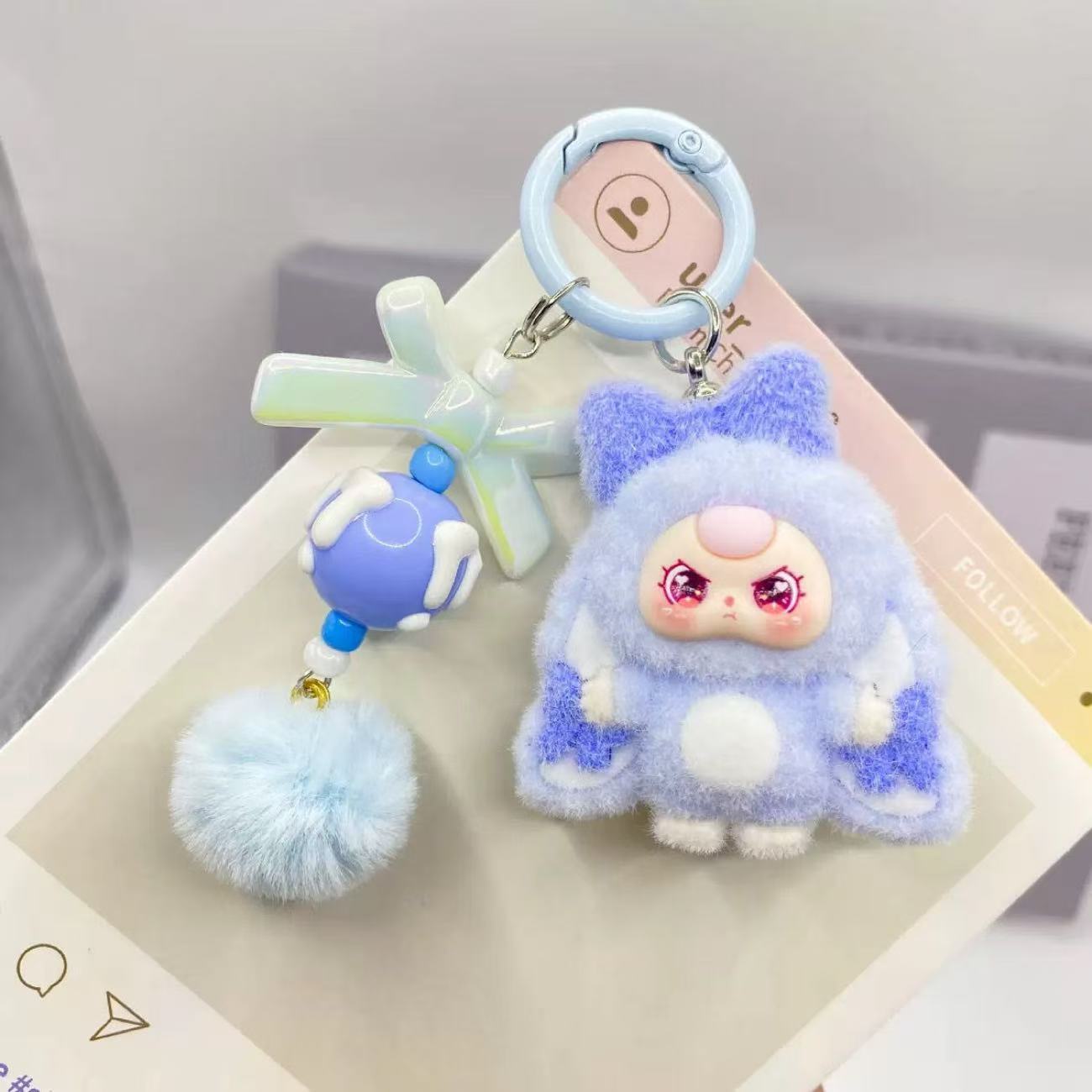 Cute Cartoon Plush Keychain with Pom-Pom and Charm - Perfect Gift for Kids and Girls