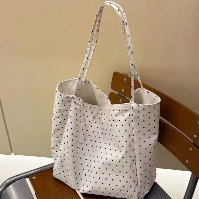 Chic Polka Dot Canvas Tote Bag for Women, Large Capacity Casual Shoulder Bag with Fashionable Design, Perfect for Daily Use and School
