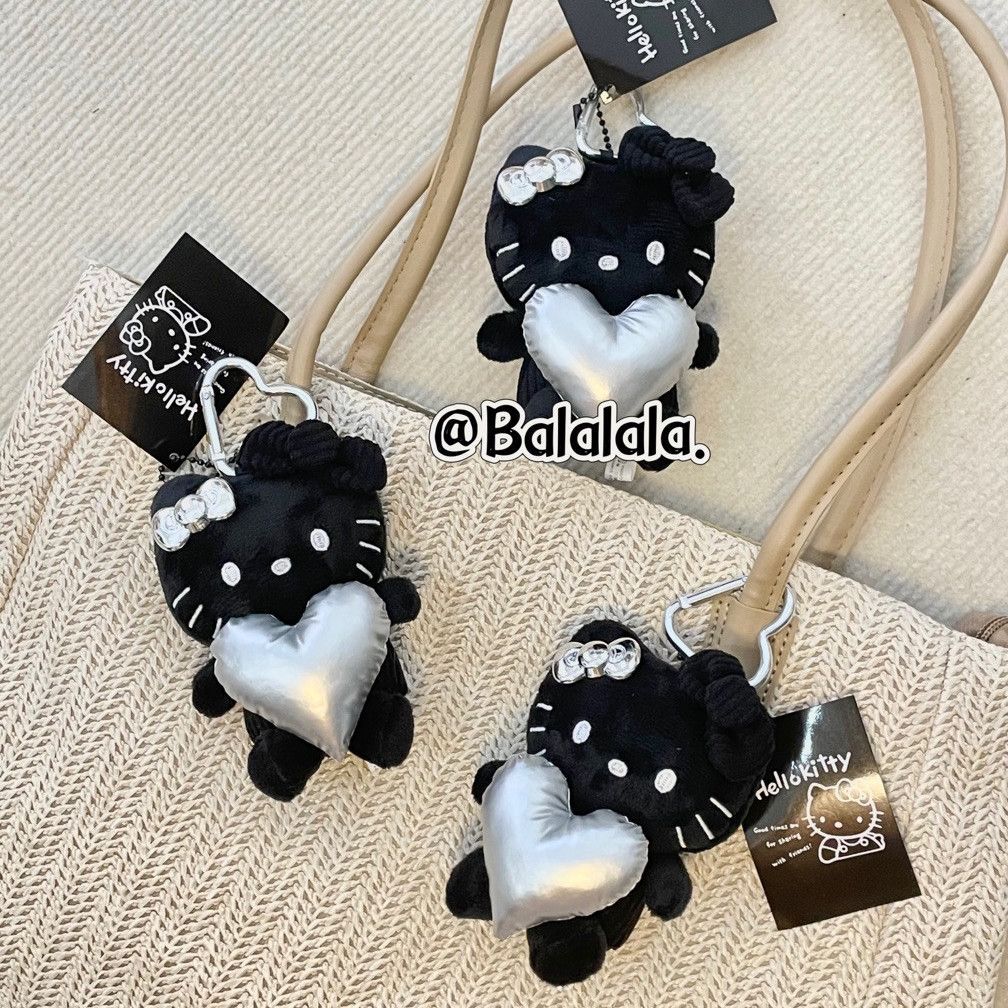 Black Silver Color Matching Love Black Leather Kitty Pendant Schoolbag Love Girl Plush Key Chain Cute Hang Decorations
