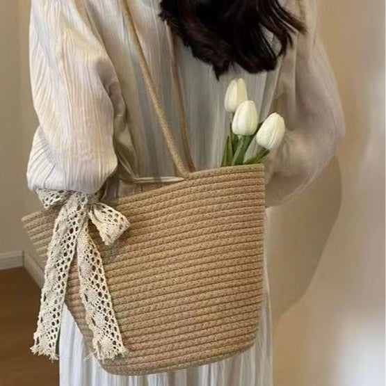 Summer Straw Tote Women's Lace Bow Knot Large Capacity Seaside Holiday Travel Shoulder Bag