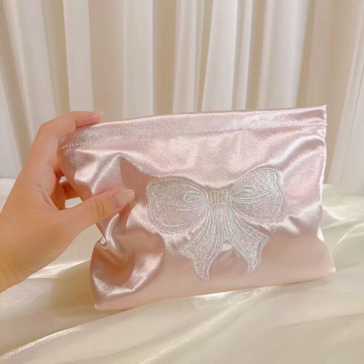 Women's Embroidered Bow Cosmetic Bag Smooth Satin Large Capacity Carrying Case Essential for Daily Travel