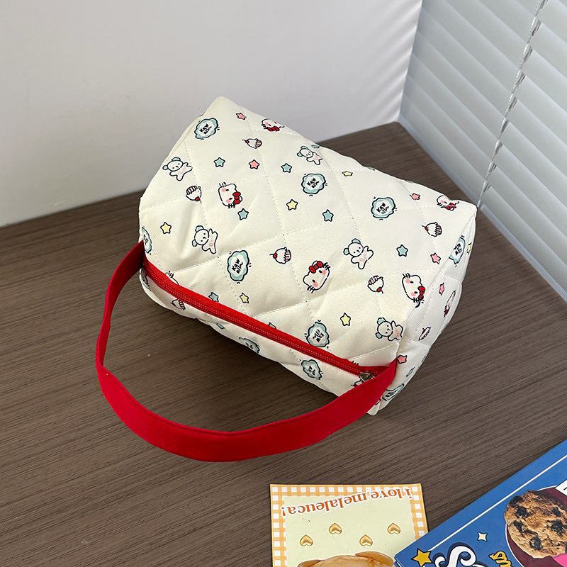 Cute Quilted Cosmetic Bag with Cartoon Print, Portable Travel Toiletry Organizer for Women