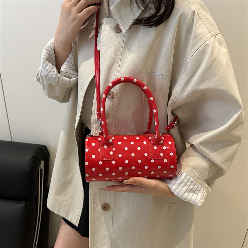 2025 Spring New Fashion Polka Dot Cylinder Handbag Women's Casual Crossbody Bag with Zipper Closure and Stylish Handle