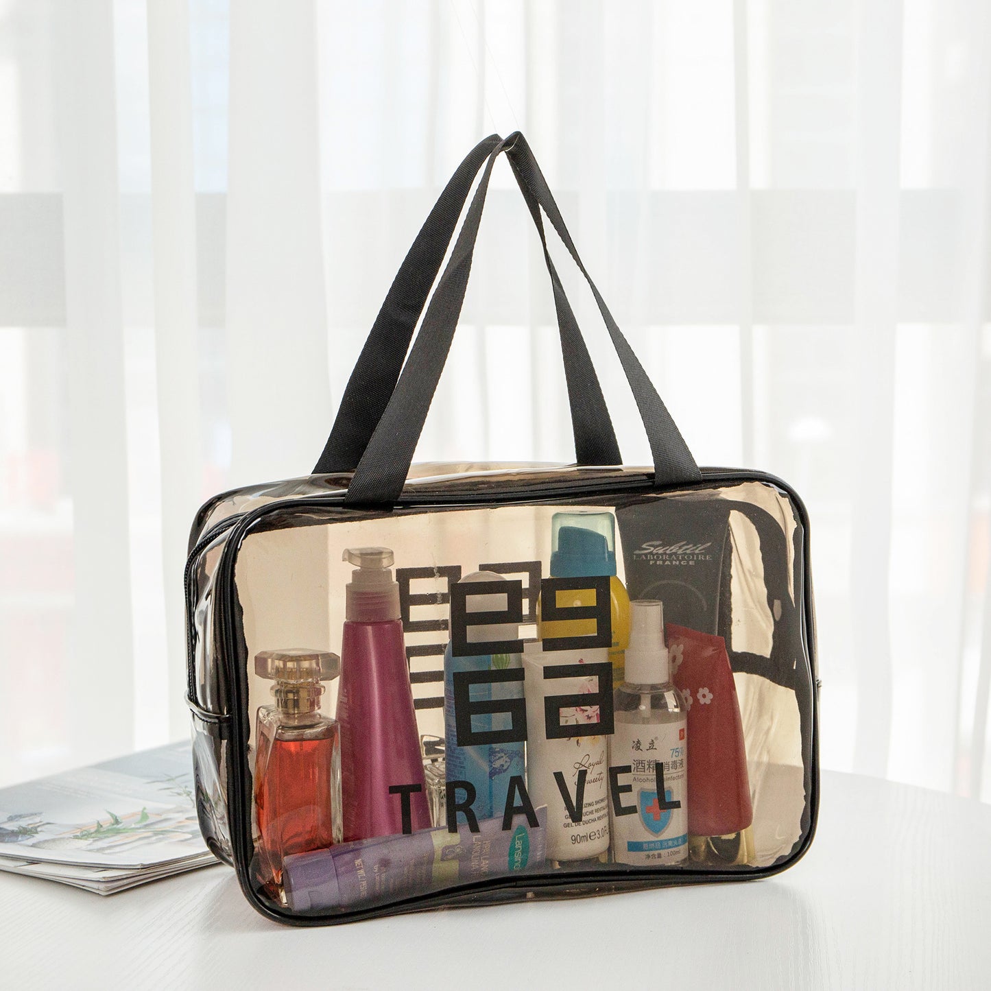 Transparent Waterproof Cosmetic Bag with Double Layer Design for Travel, Makeup and Toiletries Storage