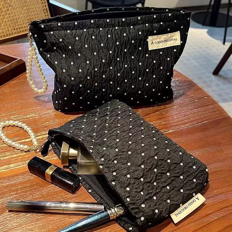 Elegant Polka Dot Clutch with Pearl Chain - Soft Cotton Makeup Bag for Travel and Daily Use