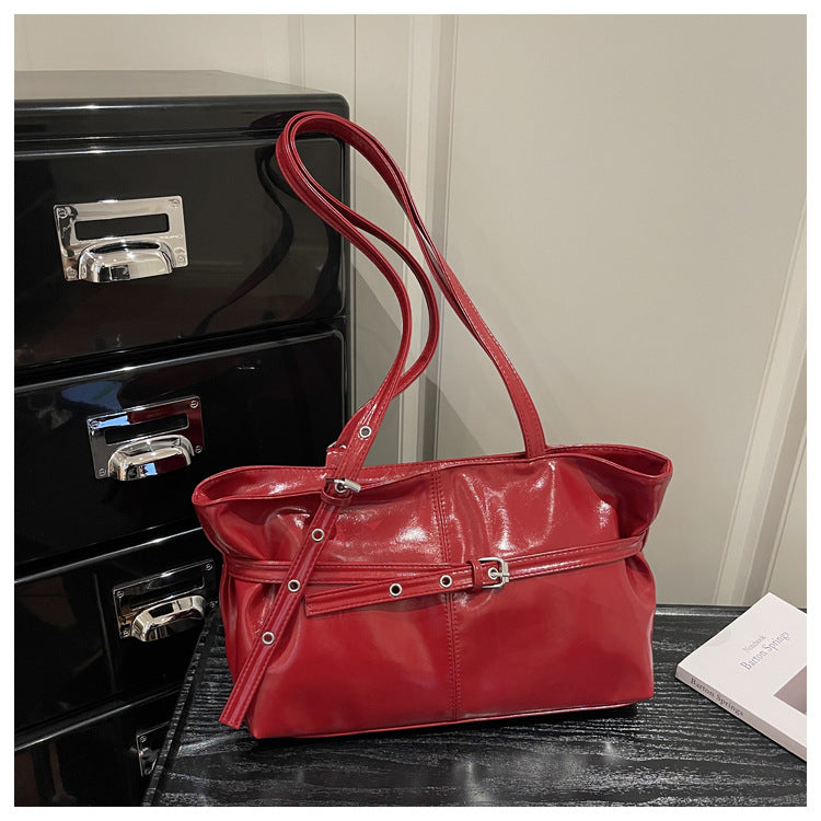 Simple Casual Large Capacity New Belt Buckle Commuting Fashion Texture One Shoulder Underarm Tote Bag Women