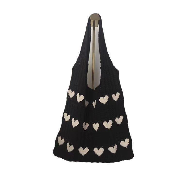 Women's Shoulder Bag Love Pattern Knitted Tote Bag Soft Handmade Shoulder Bag Daily Matching Fashion Tote Bag
