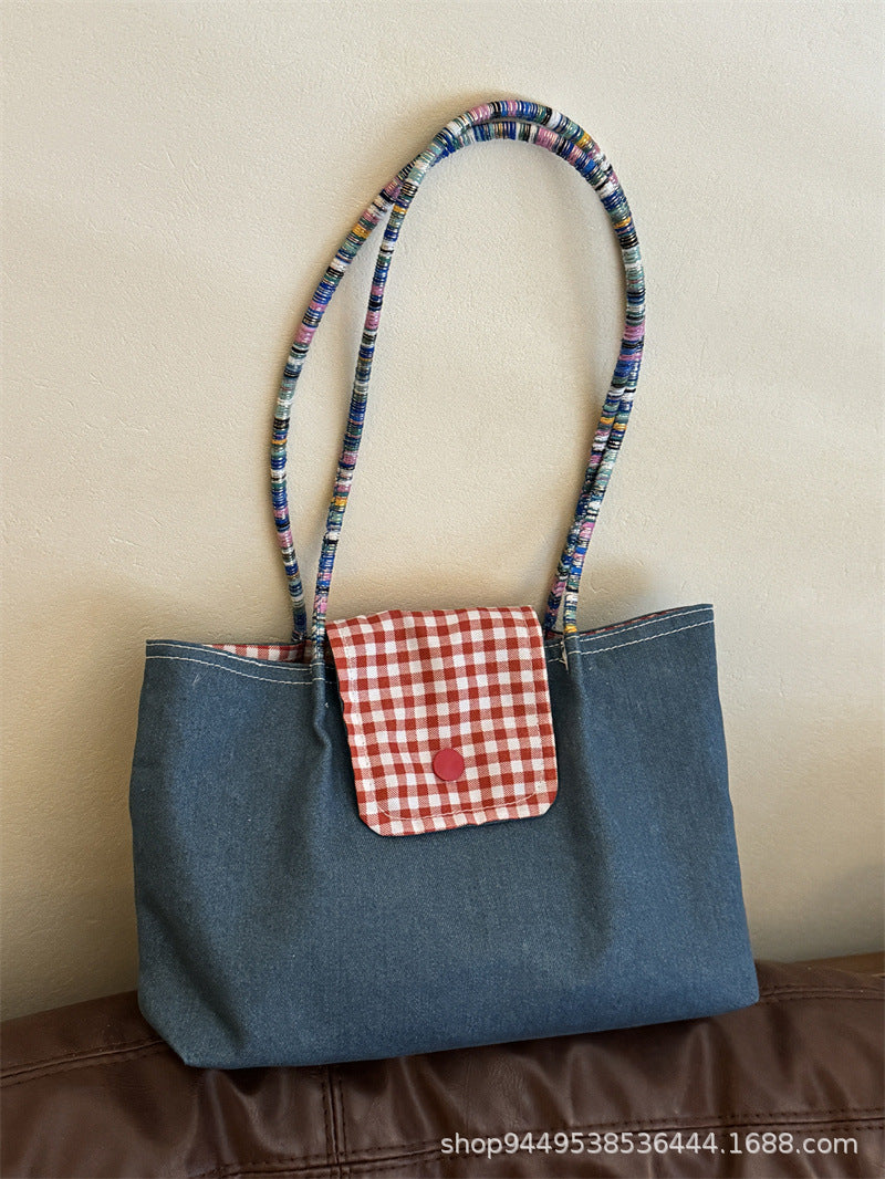 New Large Capacity Denim Shoulder Portable Checked Canvas Bag All-Match Commute Retro Casual Tote Bag Women