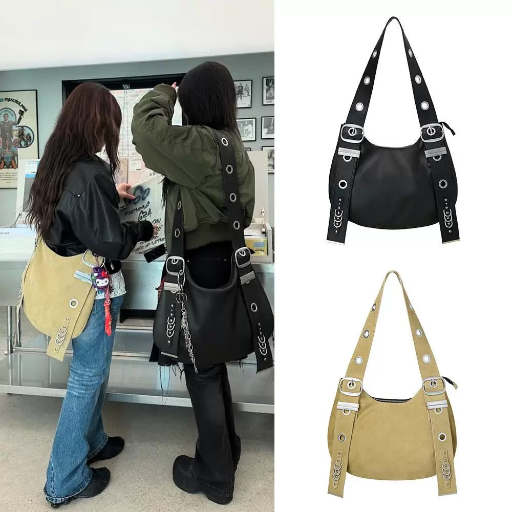 Retro Punk Style Shoulder Bag with Metal Grommets and Buckles for Casual Travel