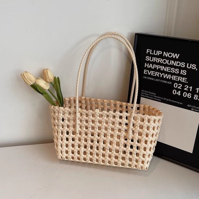 Handbag Weaving Hollow Vegetable Basket Bag PVC Commuter Tote Straw Bag