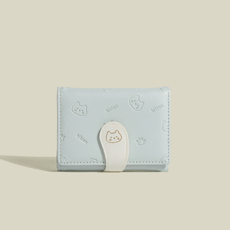 Cat Tail Cute Ladies Card Holder Fashion Buckle Cartoon Printed Pu Short Tri-Fold Coin Purse Wallet