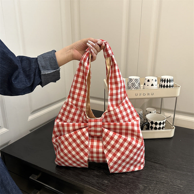 Vest Bag Women's Summer Korean Style Retro Plaid Large Capacity Light Shopping Versatile Canvas Bag Student