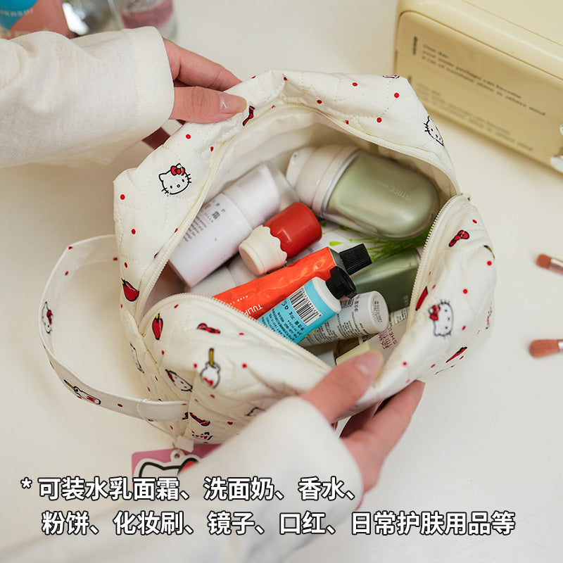 Cute Hello Kitty Quilted Cosmetic Bag with Cloud Design, Portable Travel Makeup Organizer for Women and Girls