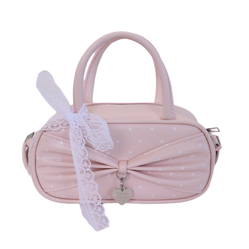 Cute Polka Dot Bowknot Boston Bag for Women, Mini Crossbody Handbag with Lace Detail and Zipper Closure, Perfect for Summer Daily Outfits