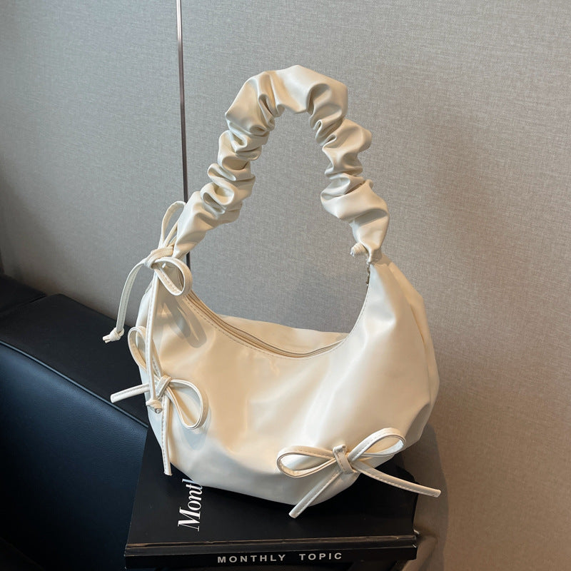 2024 New Sweet Pleated Shoulder Bag with Bow Design Soft Cloud Shape Crossbody Bag for Women