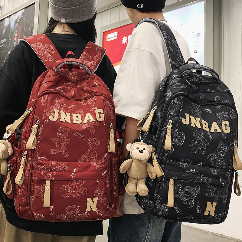 Fashionable Letter Print Backpack for Kids and Students, Breathable Nylon School Bag with Cute Bear Pattern
