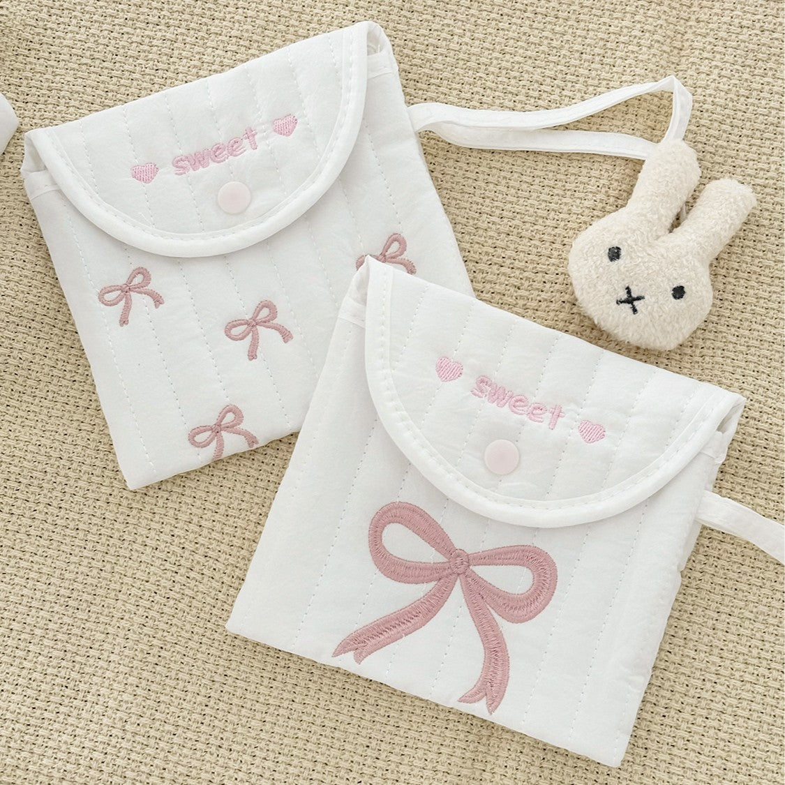 Sweet Embroidered Bow Pouch for Menstrual Products and Daily Essentials, Cute and Portable Design with Stitched Details